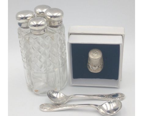 Nice collection to include set of 4 hallmarked London 1893 silver topped corner perfume bottles (8cm tall approx), marked wit