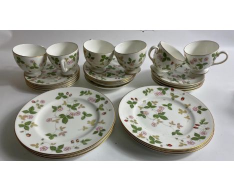 A part WEDGWOOD WILD STRAWBERRY tea service to include 6 x 20cm side plates, 6 x 15cm side plates, 6 saucers, 6 teacups (1 ha