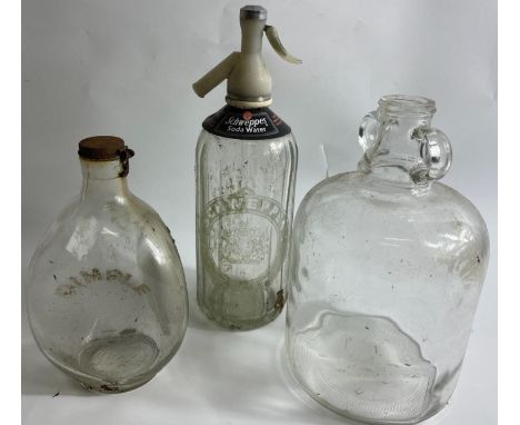 Vintage glassware to include an ETCHED SCHWEPPES SODA WATER SYPHON, a HAIG'S DIMPLE bottle and a HALF-SIZED demi-john.Approx 