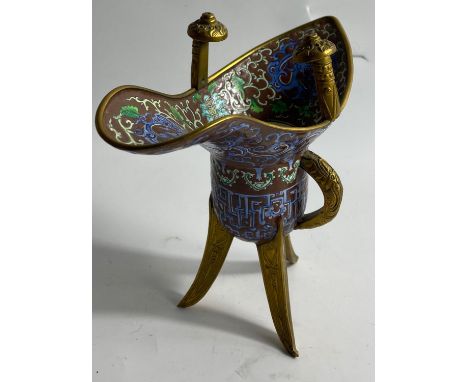 An ANTIQUE CHINESE hand painted brown base with green, turquoise and blue enamel on brass drinking vessel on highly decorativ