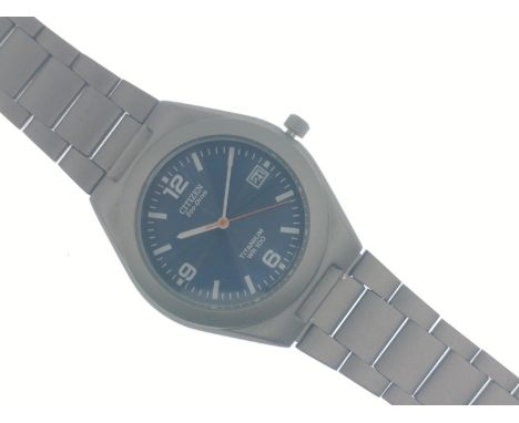Gents CITIZEN eco-drive Titanium WR 100 blue faced wrist watch with date dial, matte grey casing and matching bracelet. Back 