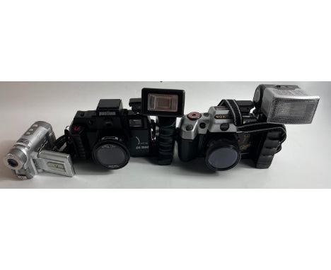 A NOKINA BIG ROYAL VIEW 35MM SLR camera with an attached flash gun, plus a DIGITAL VIDEO CAMERA with tripod, carrying case, C