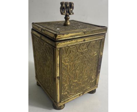 ANTIQUE brass metal effect(probably Indian) TEA CADDY with the 3 wise monkeys acting as a handle 'SPEAK NO EVIL SEE NO EVIL H