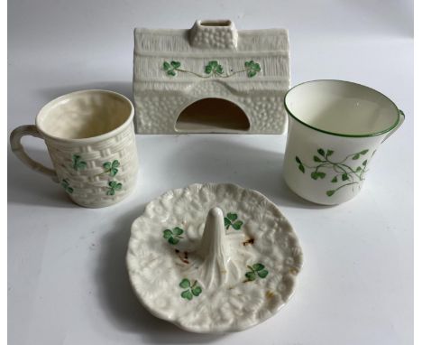 BELLEEK SHAMROCK BLARNEY COTTAGE tea light holder, 10cm x 14cm approx, plus a BELLEEK SHAMROCK BASKETWEAVE mug ( approx 7cm h