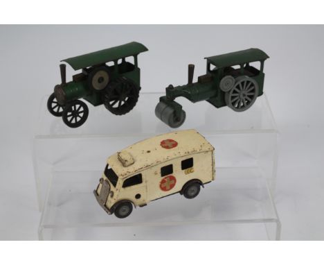 Tri-ang - Minic - 3 x clockwork pressed metal models, a Traction Engine, a Steam Roller and a London County Council Ambulance