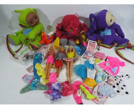 Mattel, Hasbro, Teletubbies - Two Barbie dolls, an unknown maker doll, and Barbie accessories, and three large teletubbie sof