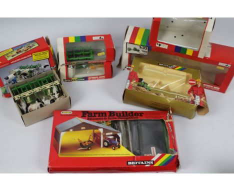 Britains - Four Britains 1:32 scale farm implements / accessories with three EMPTY Britains boxes. Lot consists of Britains #