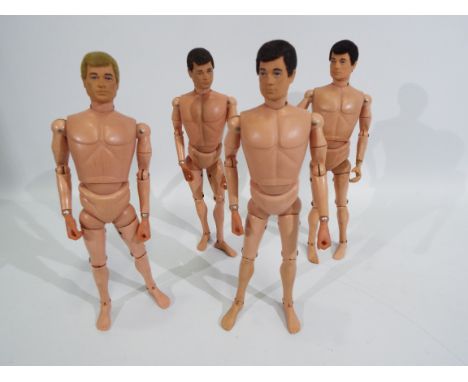 Palitoy, Action Man - Four naked Palitoy Action Man flock haired. Figures all marked 'Made in England by Palitoy Under Licens