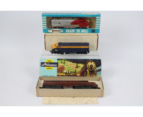 Athearn - Varney - 3 x boxed HO scale locos, an Alco PA1 Diesel in Pennsylvania Rail Road livery # 3304, a GM EMD F3A in Jers