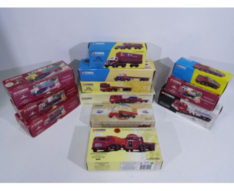 Corgi - A fleet of 12 boxed diecast 1:50 scale model trucks. Lot includes Corgi #29201 Guy Warrior Platform Trailer 'BRS'; #2