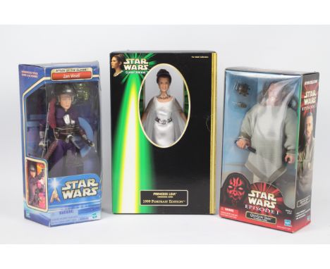 Star Wars, Hasbro - Three boxed 12" Star Wars action figures, including Attack of the Clones 'Zam Wessell'; Episode 1 'Qui-Go