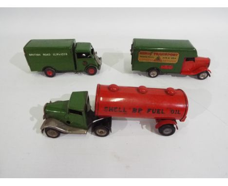 Tri-ang - Minic - 3 x clockwork pressed metal vehicles, an Articulated Shell Tanker, a Van in British Rod Services livery and