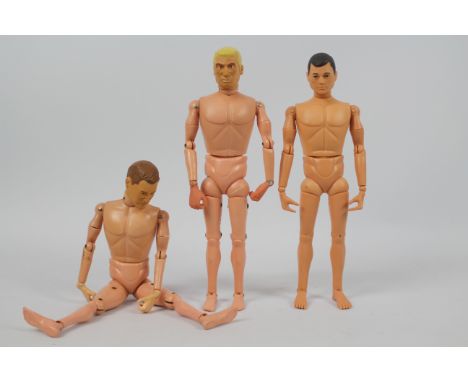 Hasbro, Palitoy, Cotswold - Three naked 12” action figures. Two of the figures are marked 'Made in England by Palitoy Under L