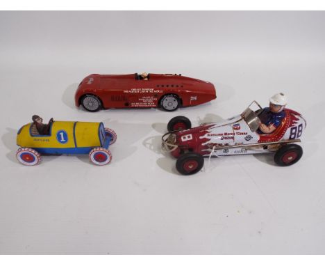 Schylling - 3 x clockwork pressed metal cars, the Sunbeam Speed Record car, a Midget Racer and a Vintage racing car. All show