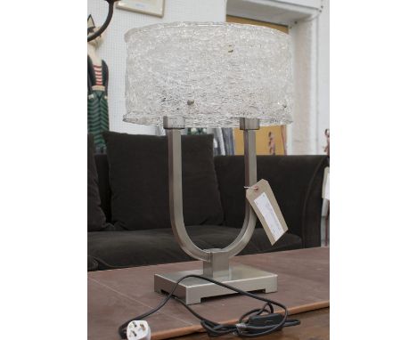 TABLE LAMP, contemporary, two branch with frosted glass shade on brushed metal base, 54cm H.