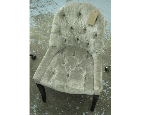 BEDROOM CHAIR, button back in grey on square ebonised supports.