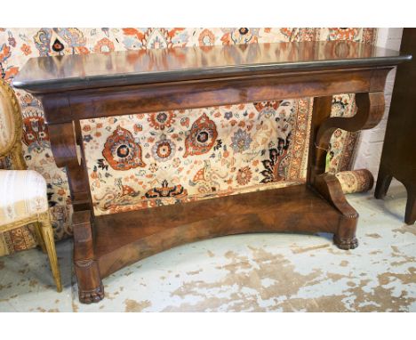 CONSOLE TABLE, 19th century French Louis Philippe flame mahogany with frieze drawer, shaped undertier, paw feet and fossil ma