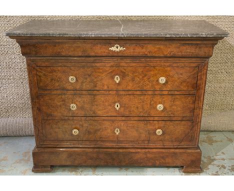 COMMODE, 19th century French Louis Philippe figured walnut with five long drawers and St Anne veined grey and white marble to