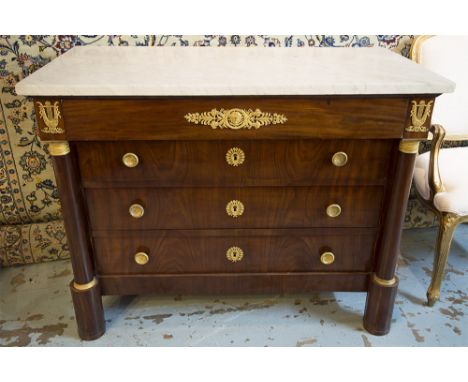 COMMODE, 19th century French Empire mahogany and gilt metal mounted with four long drawers and veined white marble top, 92cm 