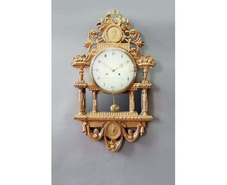 AN 18TH CENTURY SWEDISH GILTWOOD WALL CLOCK dial cream enamel, signed And..Lundfledl. Stockholm, movement with silk suspensio