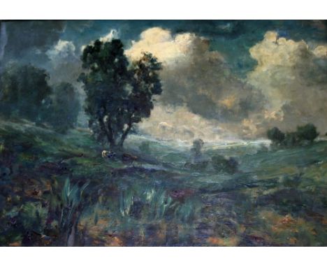 ATTRIBUTED TO GEORGE A. BOYLE (1826-1899) CATTLE IN A FIELD, STORMY SKY Oil on canvas 42 x 60cm. ++ Needs a light clean