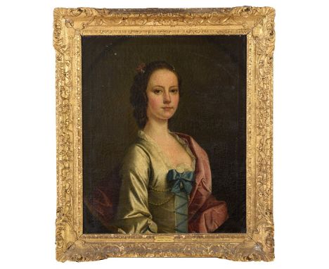 CIRCLE OF HENRY PICKERING (c.1720-c.1771) PORTRAIT OF ELIZABETH TYNDALL (1720-1747) Quarter length, wearing a blue and grey d