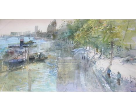 •RICHARD PIKESLEY, RWS (b.1951) FROM HUNGERFORD BRIDGE, HIGH SUMMER Signed and dated June 2003, watercolour and pencil 35 x 6
