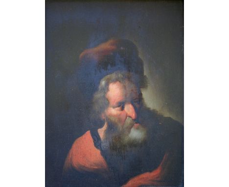 CIRCLE OF CHRISTIAN WILHELM ERNST DIETRICH (1712-1774) STUDY OF A BEARDED MAN IN CLOAK AND HAT Oil on panel 24.5 x 18cm. ++ N