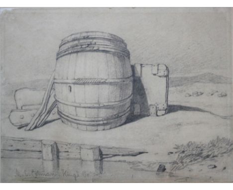 MILES EDMUND COTMAN (1810-1858) A BARREL AND OTHER OBJECTS BY THE WATER'S EDGE Signed and inscribed King's College, pencil, l