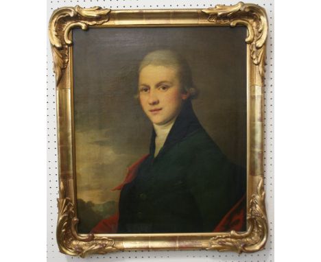 CIRCLE OF DAVID ALLAN (1744-1796) PORTRAIT OF A YOUNG GENTLEMAN Quarter length, wearing a green coat and red cape, oil on can