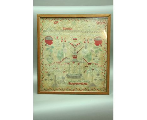 A WELSH WOOLWORK SAMPLER embroidered with trees, flowers and a ship portrait 27" (68 cms) x 24.5" (62 cms)
