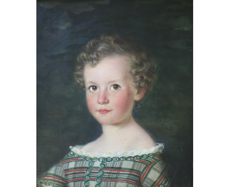 FOLLOWER OF MARGARET CARPENTER (1793-1872) PORTRAIT OF A CHILD IN A PLAID DRESS Oil on canvas laid on board, probably a fragm
