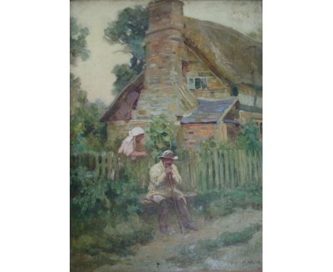 •WALTER H. ALLCOTT (1880-1951) SHARED MEMORIES Signed, oil on board 34 x 24.5cm. ++ Needs a light clean; slight damage in sky