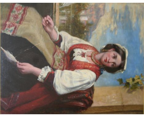 GEORGE WELLS (Fl.1842-1888) ITALIAN GIRL, WINDING YARN Signed, oil on canvas 45 x 34.5cm. ++ Good condition; under glass in o