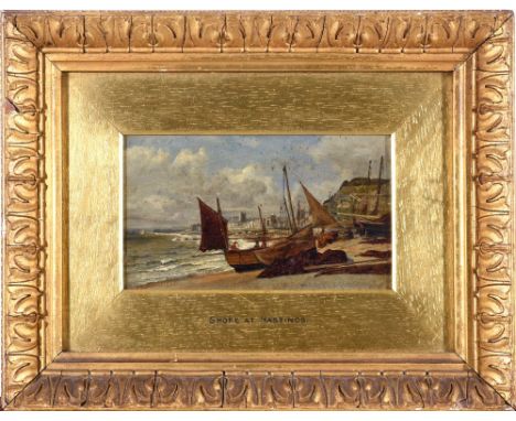 FREDERIC ALMORE WINKFIELD (Fl.1873-1920) SHORE AT HASTINGS Signed and inscribed AAY lower right, oil on board 11.5 x 20.5cm. 