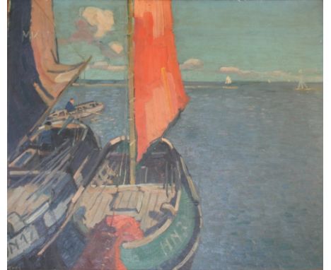 •RAOUL HYNCKES (1893-1973) BOTTERS IN DE ZON (FISHING BOATS IN THE SUN) Signed, also signed and inscribed with title on a lab