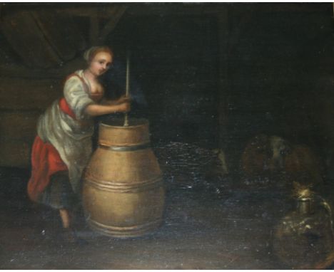 FOLLOWER OF GOVERT DIRCKSZ. CAMPHUYSEN (1623-1672) THE DAIRY MAID, CHURNING BUTTER IN THE STABLE Bears signature or inscripti