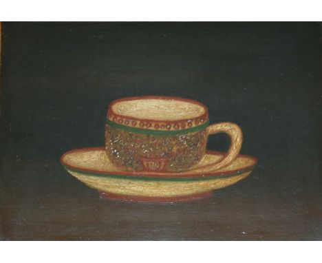 ENGLISH SCHOOL, Circa 1900 TEA CUP AND SAUCER Oil on board 15 x 21cm.; with another, vegetables on a table, style of Dorothy 