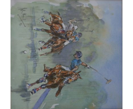 •JOHN KING (1929-2014) A POLO MATCH Signed and dated 91, watercolour and pencil 25 x 24cm.; with a pen and ink drawing of `A 