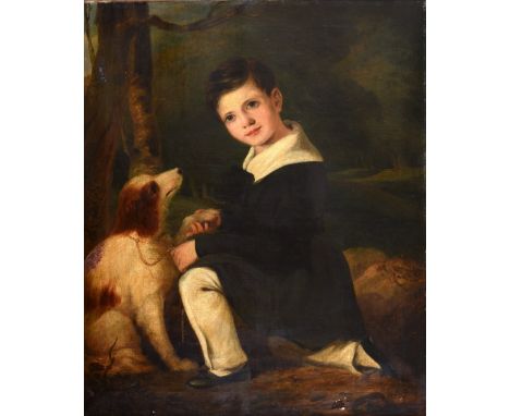 FOLLOWER OF MARGARET SARAH CARPENTER (1793-1872) PORTRAIT OF A BOY WITH HIS SPANIEL Oil on canvas 90.5 x 75cm. ++ Lined; some