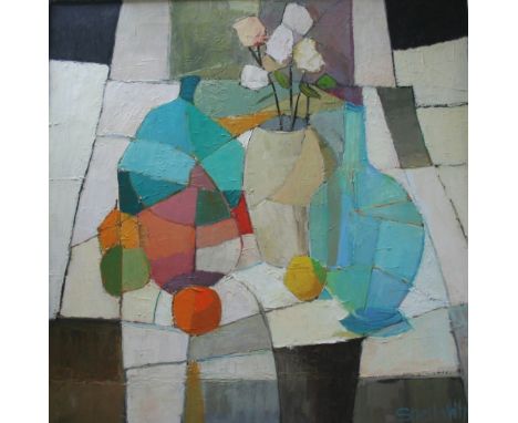 SHEILA WHITE (Australian, b.1927) STILL LIFE WITH POTS AND FRUIT Signed, oil on canvas 74.5 x 74.5cm. ++ Needs a light clean