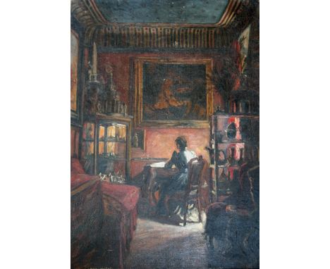 FOLLOWER OF FREDERICK WILLIAM ELWELL (1870-1958) LADY WRITING IN A STUDY Incised date June 97, oil on canvas, unframed 58.5 x