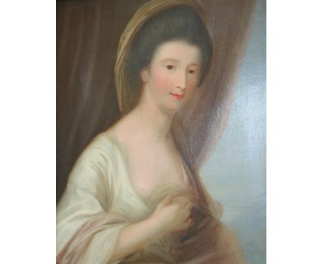 FOLLOWER OF ANGELICA KAUFFMANN, RA (1741-1807) PORTRAIT OF A LADY, MRS WALWYN Quarter length, wearing a cream gown and buff h