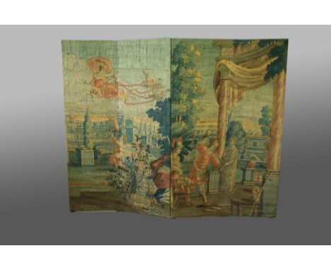A TAPESTRY, POSSIBLY MORTLAKE  now mounted as a four fold screen, woven with Aurora in a goose drawn chariot above a colonnad