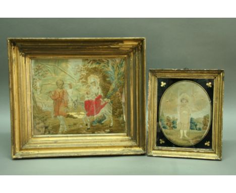 TWO REGENCY SILKWORK PICTURES portrait of a girl with skipping rope and the flight into Egypt, both damaged