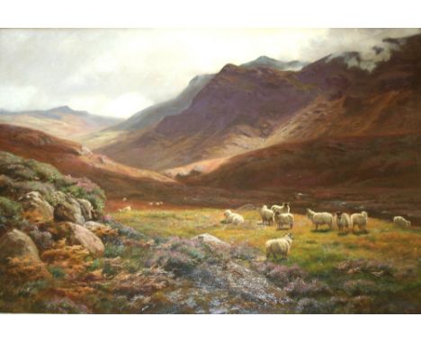 CIRCLE OF JOSEPH KNIGHT (1837-1909) SHEEP IN A GLEN Signed indistinctly, oil on canvas 59.5 x 89.5cm. ++ Needs a light clean