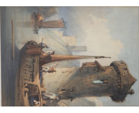 SAMUEL PROUT (1783-1852) A SAILING BARGE AT KOLB ON THE RHINE Watercolour 30 x 21.5cm. ++ Needs a light clean