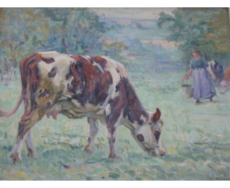 CHARLES LOUIS AUGUSTE WEISSER (1864-1940) MILKING TIME Signed, oil on board 44.5 x 59.5cm. ++ Needs only a light clean