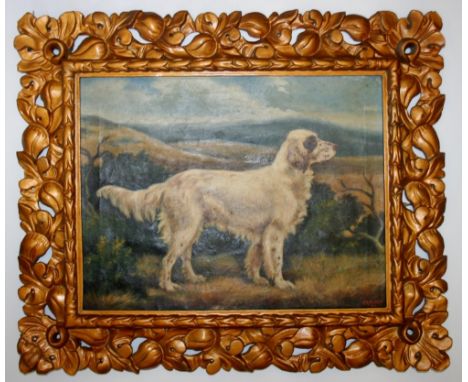 G** R** MINETT (Fl.c.1914) AN ENGLISH SETTER Signed and dated 1914, oil on canvas 34 x 44.5cm. ++ Generally good condition; n
