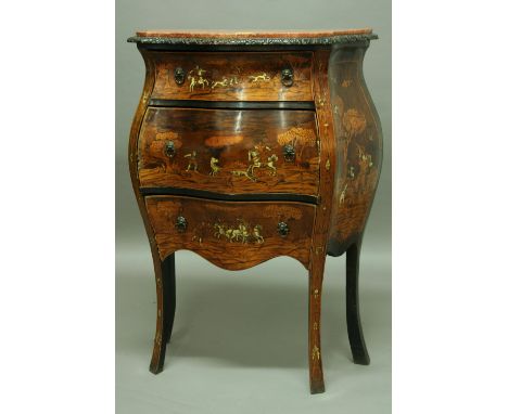 AN ITALIAN INLAID COMMODE serpentine front with three drawers inlaid with hunting scenes, on cabriole legs, with marble top h